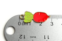 4 Radish Charm, Red and Green Enamel Vegetable Pendant, 27x12mm  (1943)