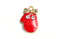 Red Mitten Charms With Rhinestone Accent, Enamel on Gold Toned Metal, 18mm x 11mm - 5 pieces (1542)