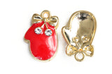 Red Mitten Charms With Rhinestone Accent, Enamel on Gold Toned Metal, 18mm x 11mm - 5 pieces (1542)