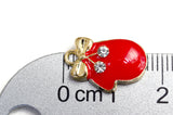 Red Mitten Charms With Rhinestone Accent, Enamel on Gold Toned Metal, 18mm x 11mm - 5 pieces (1542)