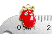 Red Mitten Charms With Rhinestone Accent, Enamel on Gold Toned Metal, 18mm x 11mm - 5 pieces (1542)