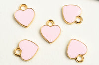 Light Pink Heart Charms, Enamel Gold Toned Valentine Hearts,12mm x 10mm - 5 pieces (1552)