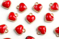 Red Heart Charm, Tiny Gold Plated Enamel Heart Charm 8 mm x 7.5 mm  (1560)