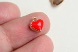 Red Heart Charm, Tiny Gold Plated Enamel Heart Charm 8 mm x 7.5 mm  (1560)