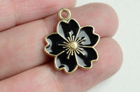 Black Flower Blossom Charms, Enamel Gold Toned, 21mm x 17mm - 5 pieces (1565)