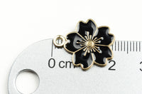 Black Flower Blossom Charms, Enamel Gold Toned, 21mm x 17mm - 5 pieces (1565)