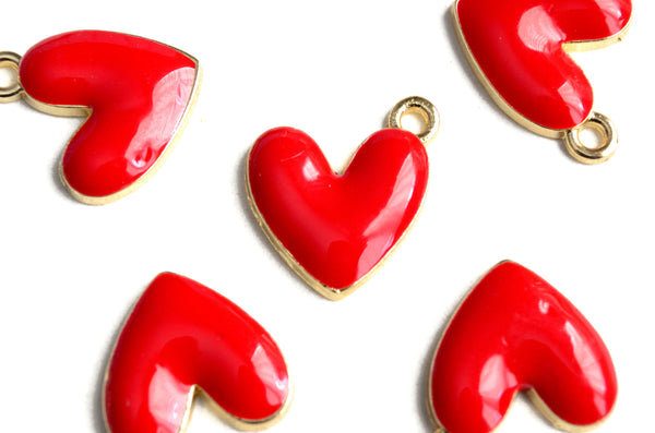 Red Heart Charms, Enamel Gold Toned, 14mm x 14mm - 4 pieces (1582)