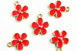 Red Flower Charms, Enamel Gold Tone, 16x13mm  (1634)