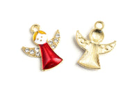 Angel Charms With Rhinestone Wings, Gold Toned, 21x18mm - 5 pieces (1690)