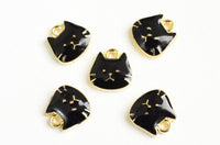 5 Cat Face Charms, Black Enamel Pet Charm On Gold Toned Metal, 11mm x 11mm (1701)