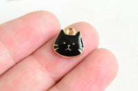 5 Cat Face Charms, Black Enamel Pet Charm On Gold Toned Metal, 11mm x 11mm (1701)