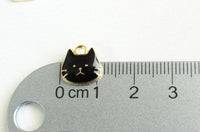 5 Cat Face Charms, Black Enamel Pet Charm On Gold Toned Metal, 11mm x 11mm (1701)