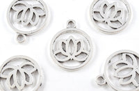 Silver Lotus Charm, Round Floral Charm, Flat Lotus Pendant - 5 pieces (157SO)