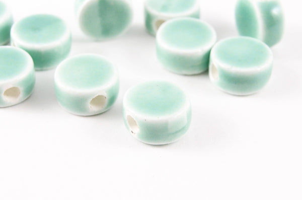 Mint Green Coin Beads, Porcelain Round, Light Blue Green, Disk Beads - 10 pieces (PB10-21)