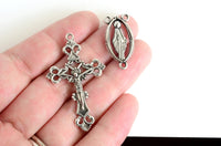 Rosary Cross And Connector Set, Silver Rosary Pieces, Cross Charm, Virgin Mary Charm, Rosary Findings - 1 set (353)