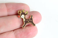 Reindeer Charms, Red Dot, Brown Enamel, Gold Toned Metal, 19mm x 14mm -4 pieces (552)