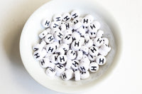 Letter H Plastic Alphabet Beads, White With Black Initial, 7mm x 3.5mm - 100 pieces (BTH)