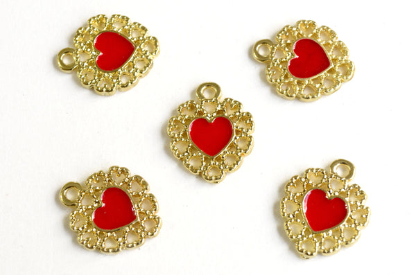 Gold Heart Charm, Red Enamel, 15mm x 13mm - 4 pieces (1002)