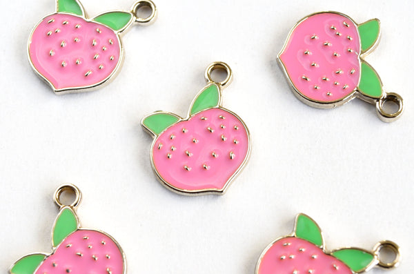 Peach Charms, Pink Enamel Fruit Pendant, 18mm x 13mm - 5 pieces (1058)