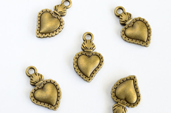 Milagro Heart Charm, Bronze Tone Sacred Heart, Folk Art, 21mm x 12mm - 10 pieces (1030)