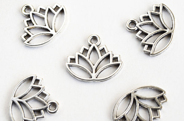 Lotus Charms, Antique Silver Tone Silhouette Outline Flower Pendant, 14mm x 16mm - 10 pieces (1064)