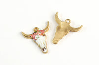 Cow Skull Charms, Colorful Printed on Gold Toned Metal, 22mm x 21mm - 4 pieces (1084)
