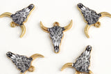 Cow Skull Charms, Black And White Printed on Gold Toned Metal, 22mm x 21mm - 4 pieces (1081)