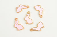 Rabbit Charm, Pink Enamel Gold Toned Pendants, 17mm x 11mm - 5 pieces (1088)