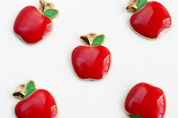 Red Apple Charms, Enamel Gold Toned Metal, 15mm x 11mm - 5 pieces (1053)