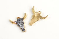 Cow Skull Charms, Black And White Printed on Gold Toned Metal, 22mm x 21mm - 4 pieces (1081)