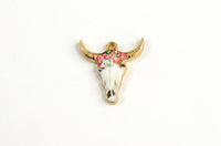 Cow Skull Charms, Colorful Printed on Gold Toned Metal, 22mm x 21mm - 4 pieces (1084)