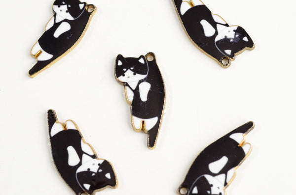 Cat Charms, Dangling Black and White Enamel Cat Pendant, Gold Toned, 25mm x 12mm - 4 pieces (1074)