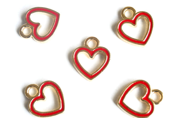 Heart Outline Charm, Red Enamel, Gold Toned Plating, 12mm x 10mm - 5 pieces (1106)