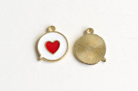 Heart Charms, Love Word Bubble Pendant, Gold Toned Metal, White and Red Enamel, 17mm x 15mm - 5 pieces (1174)