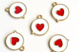 Heart Charms, Love Word Bubble Pendant, Gold Toned Metal, White and Red Enamel, 17mm x 15mm - 5 pieces (1174)