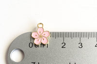 Cherry Blossom Charms, Gold Toned Pink Enamel, 14mm x 12mm - 5 pieces (1179)