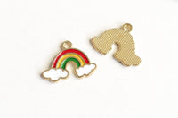 Rainbow Charms With Clouds, Colorful Enamel, Gold Tone, 14mm x 19mm - 5 pieces (1188)