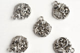 Fish and Flower Charm, Round Antique Silver Pendant, 17mm x 14mm - 10 pieces (1221)