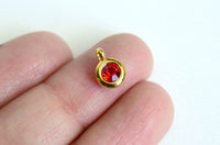 Red Rhinestone Charms, Gold Toned Stainless Steel, 6.5 mm - 4 piece3s (1268)