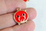 Pig Charms, Red Enamel, Gold Tone, 18mm x 16mm - 4 pieces (1288)