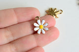 White Flower Charms, Enamel On Gold Toned Metal, 18mm x 14mm - 4 pieces (1307)