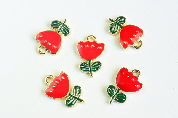 Red Tulip Charms, Colorful Flower Pendants, Enamel and Gold Toned, 19mm x 12mm - 5 pieces (1323)