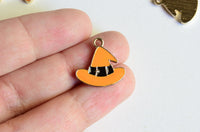 Witch Hat Charm, Orange Enamel Hat With Buckle, Gold Tone, 17mm x 17mm - 4 pieces (1329)