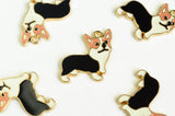 Dog Charms, Enamel Corgi Pendants, Gold Tone Tri-Color, 24mm x 23mm - 4 pieces (1337)