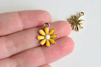 Yellow Flower Charms, Enamel On Gold Toned Metal, 18mm x 14mm - 4 pieces (1306)