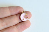 Crescent Moon Charm, Gold Toned, Pink Enamel Celestial Pendants, 16mm x 13mm - 5 pieces (1346)