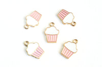 Cupcake Charms, Pink Enamel Dessert Pendants, 16mm x 10mm - 5 pieces (1312)