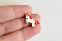 Unicorn Charms, Red and White Enamel, Gold Toned Fantasy Pendants, 16mm x 20mm - 5 pieces (1318)