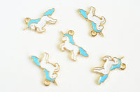 Unicorn Charms, Blue and White Enamel, Gold Toned Fantasy Pendants, 16mm x 20mm - 5 pieces (1320)