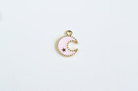 Crescent Moon Charm, Gold Toned, Pink Enamel Celestial Pendants, 16mm x 13mm - 5 pieces (1346)